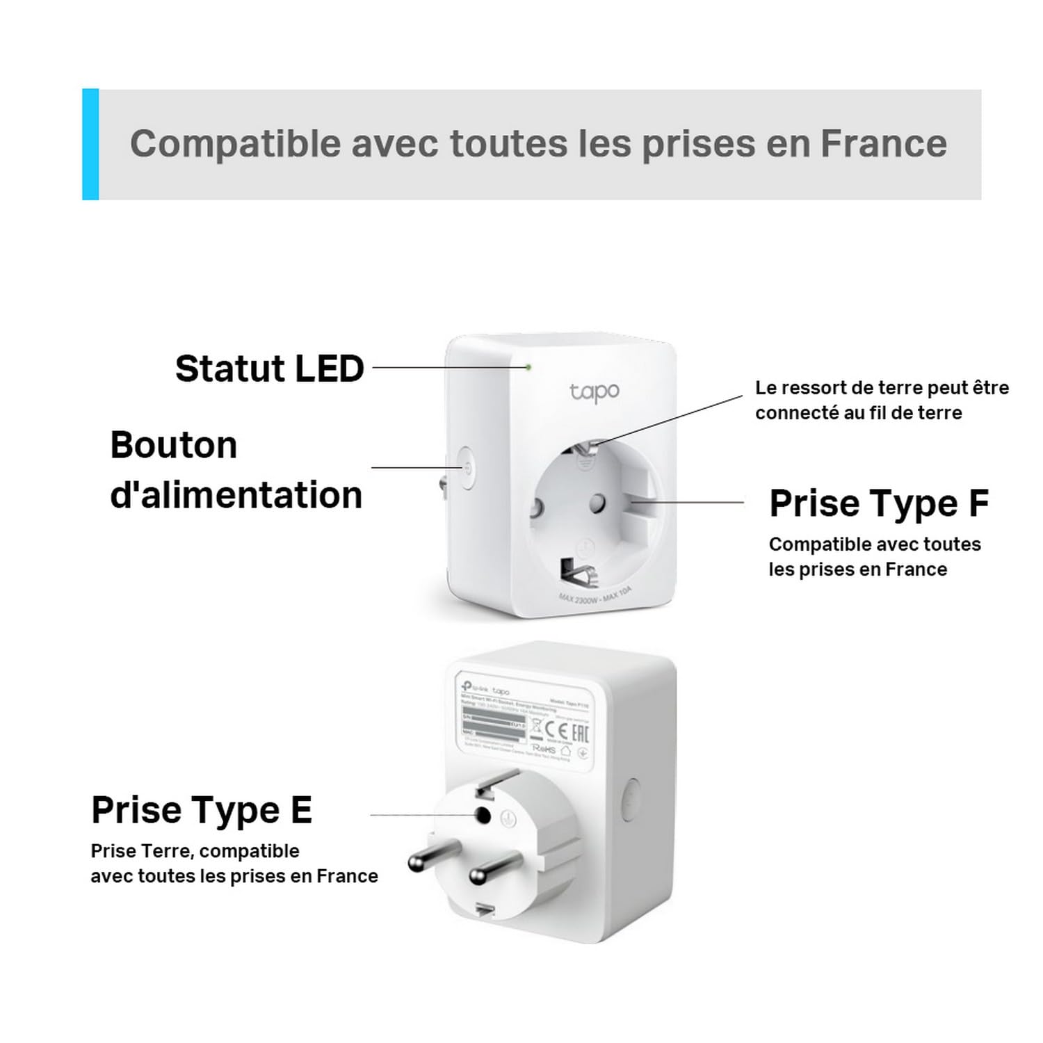 Tapo Prise Connectée WiFi, Prise Intelligente compatible avec Alexa et Google Home, 10A Type F, Contrôler le radiateur, la cafetière, la lampe à distance, aucun hub requis, Tapo P100(4-pack)