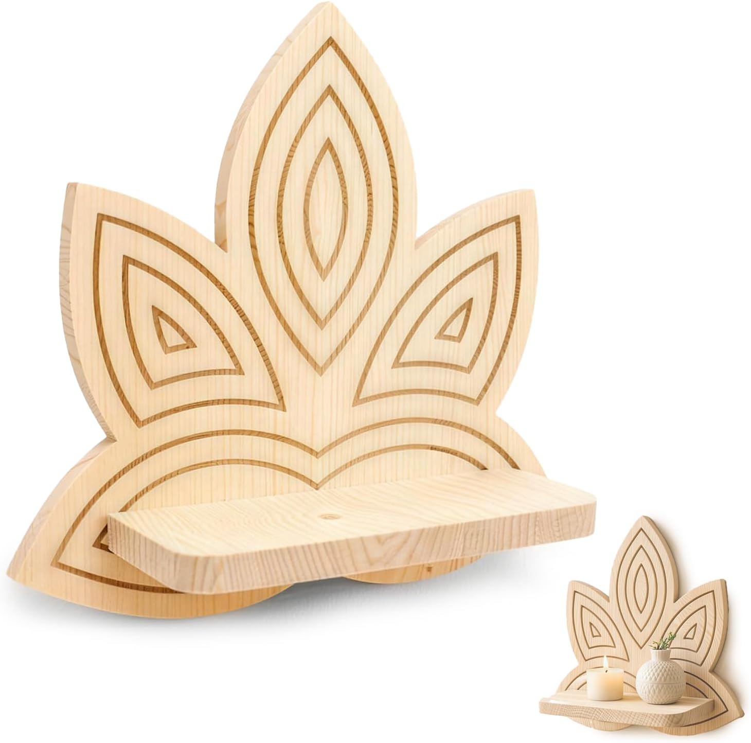 Carved Lotus Flower Wooden Floating Wall Shelf, Bohemian Style Lotus Flower Wall Art, 11.61x11.61x4.33 Inch Hollow Wall Mount Display Rack