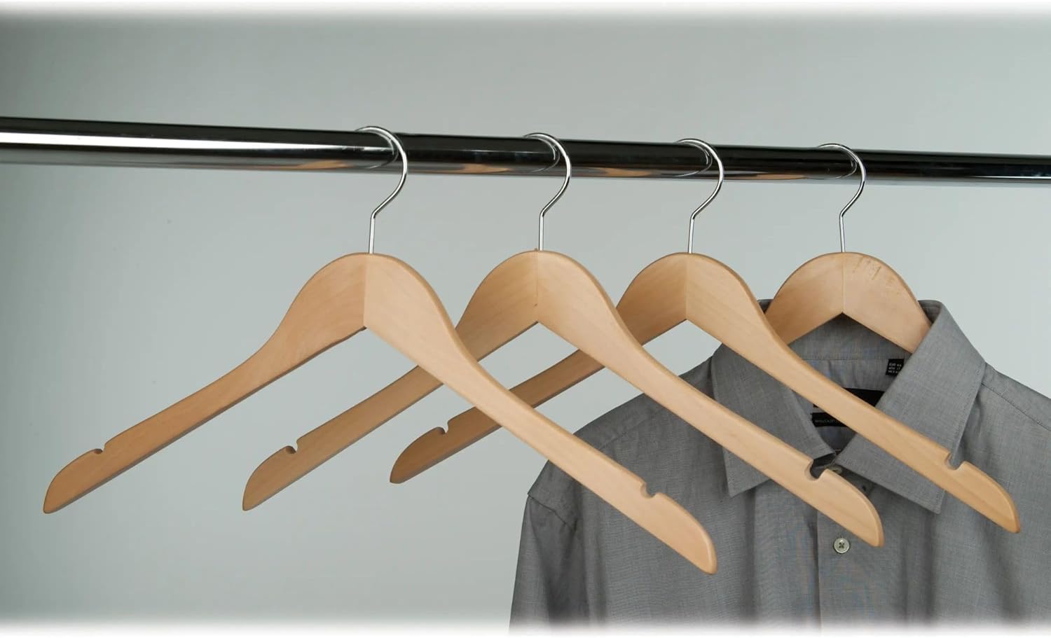 Econoco Flat Wooden Hangers with Chrome Hook, Deluxe Durable Natural Finish Blouse and Dress Hangers, No Bar, Pack of 100