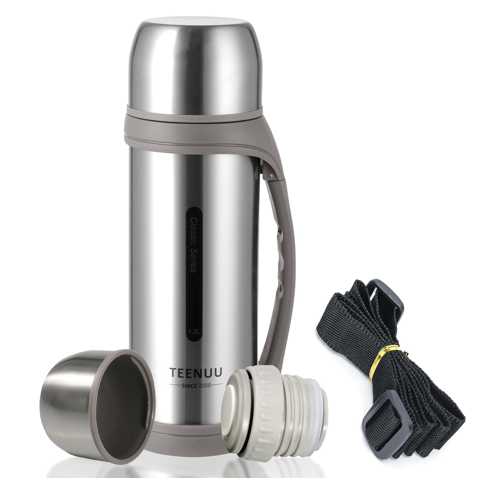 Ruucy Thermal Flask 1.2L, Stainless Steel Water Bottle with Handle, Leakproof Vacuum Insulated Flasks, Portable Insulated Bottle Travel Flask for Hot and Cold Drinks(Silver)