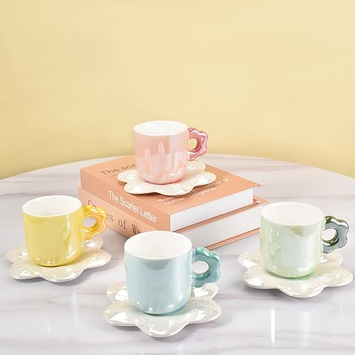 Miniatura 3 de Koythin Taza de café de cerámica con juego de platillo, lindo diseño único de platillo de flores irregulares para oficina y hogar, apto para