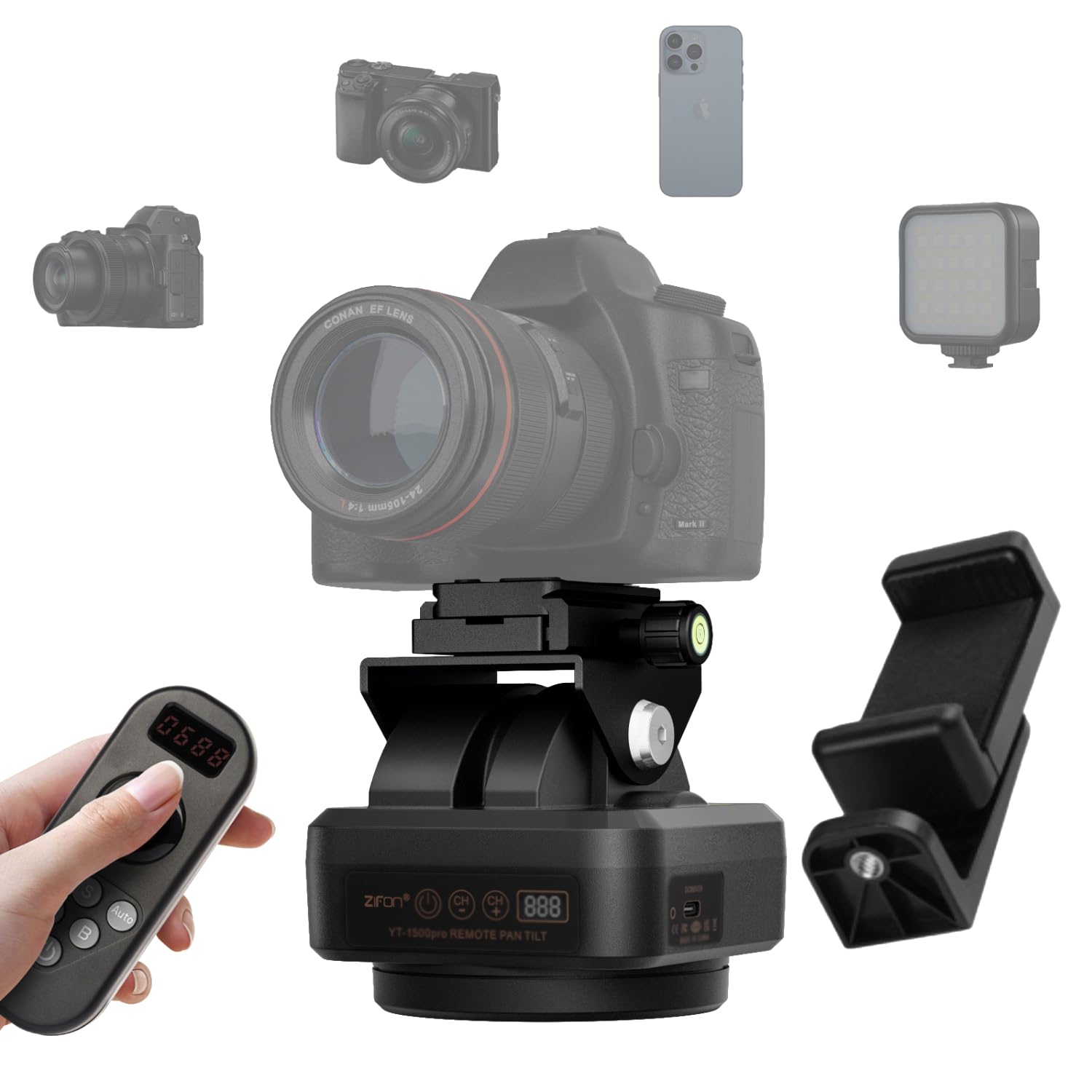 ZIFON YT1500 Pro - Testa treppiede fotocamera, telecomando girevole 360°, ciclo punto AB, 2,4 G, 40 m, 2,2 kg, impermeabile IP66 per DSLR, LED, Smartphone, Live Streaming