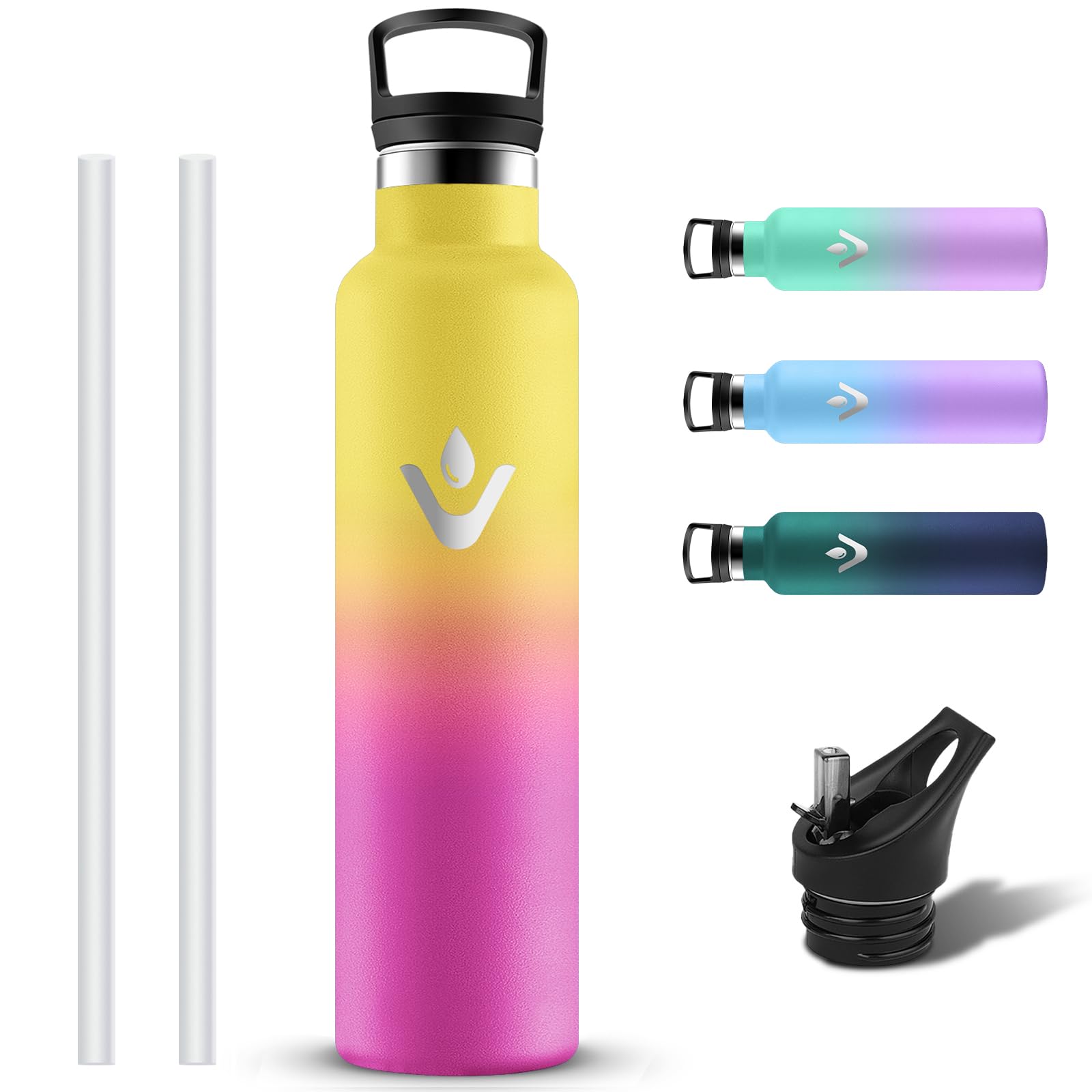 Grsta Trinkflasche Edelstahl, Trinkflasche 1l mit Strohhalm, Thermoskanne Kohlensäure Geeignet, Auslaufsicher Isolierte Wasserflasche, BPA-frei Thermosflasche mit 2 Deckel für Outdoor, Reisen, Travel