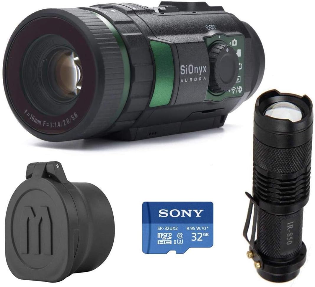 SiOnyx Aurora IR Night Vision Camera - Bundle With 32GB MIcroSDHC U3 Card, WindFire Mini IR Zoomable 5W 850nm LED Flashligh , Monstrum Tactical Rubberized Lens Covers