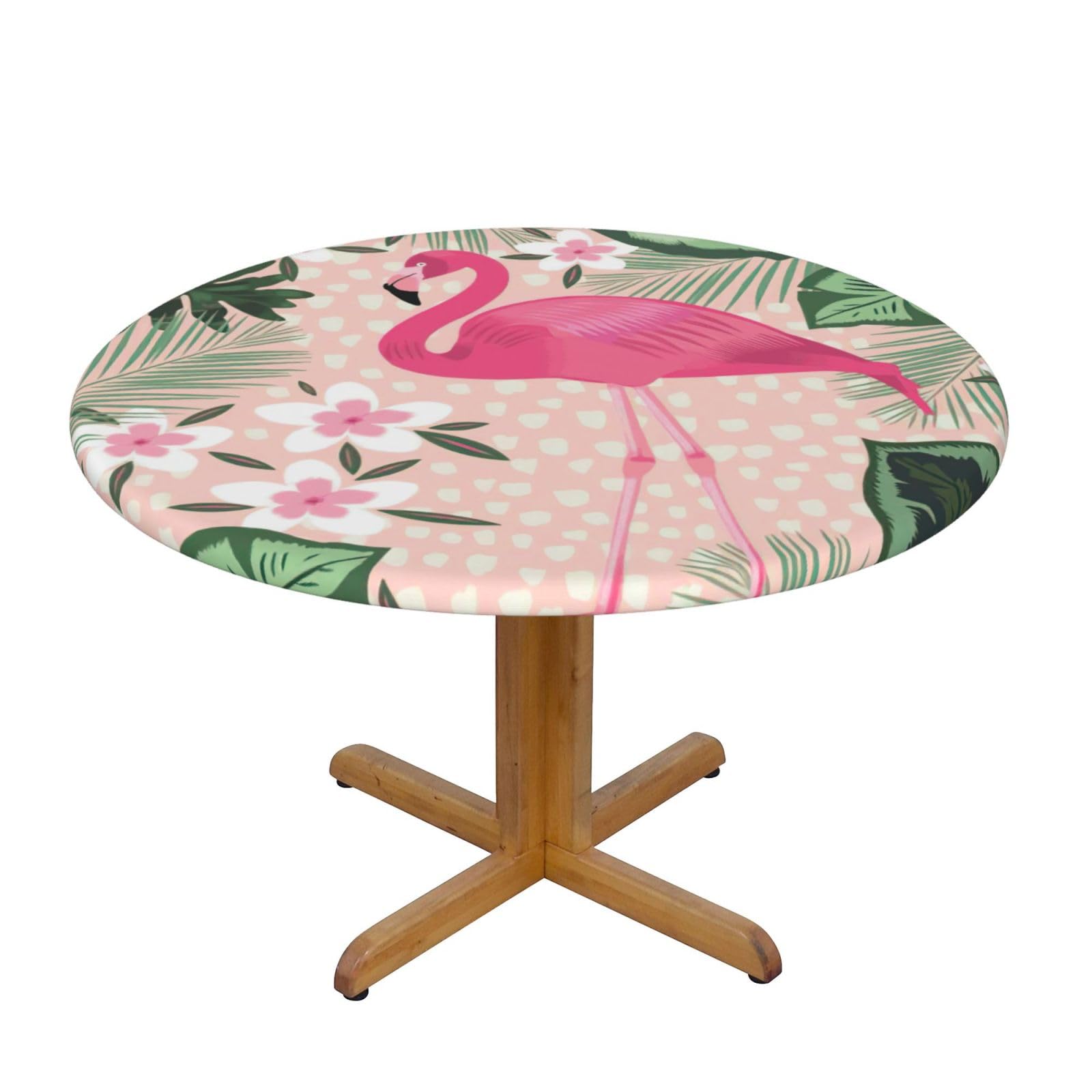 DUWAA Flamingo Print Oxford Fitted Table Cover For Patio Picnic, Waterproof Round Tablecloth For Home And Outdoor