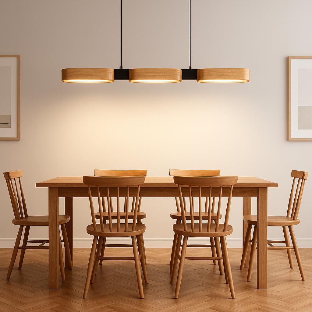 LED Pendelleuchte Holz für Esstisch, Esszimmerlampe 3-Flammig Dimmbar mit Fernbedienung, Moderne Hängeleuchte für Küche, Esszimmer & Wohnzimmer, 25W 2500lm, 3000–6500K, Timer & Memory Funktion