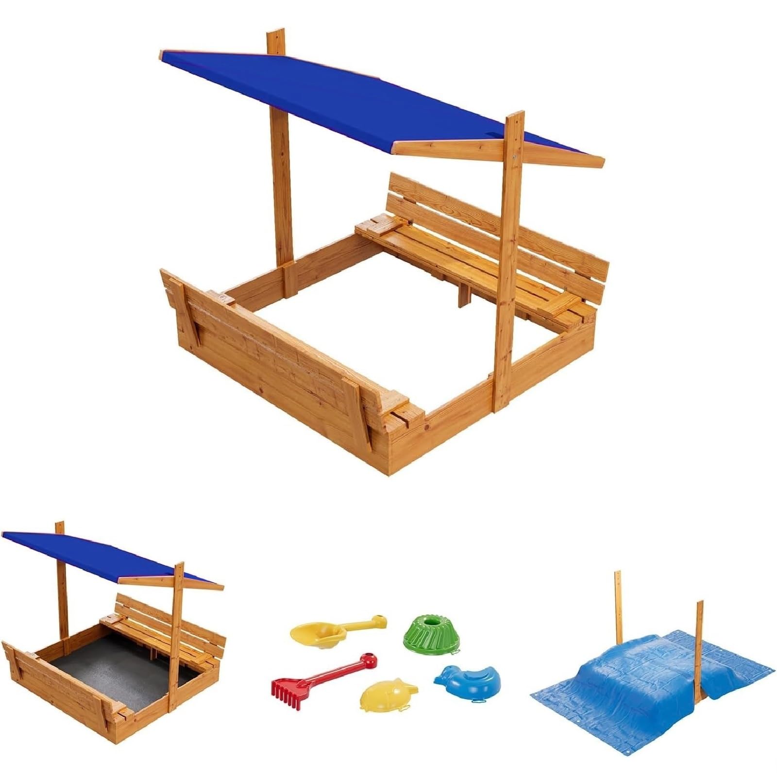Sandkasten aus Holz mit Sitzbank, Dachabdeckung und Imprägnierung – 148 × 152 cm, Dunkelblau