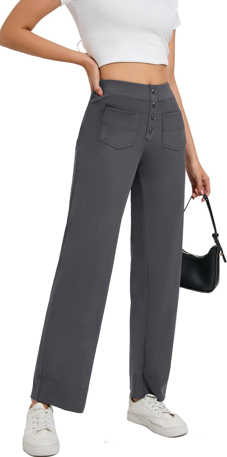 Oyamiki Wide Leg Stretch Work Trousers for Women Button Lounge Pants with 4 Pockets Elasticated Waist 4 61viMDlQwkL. AC SL1500