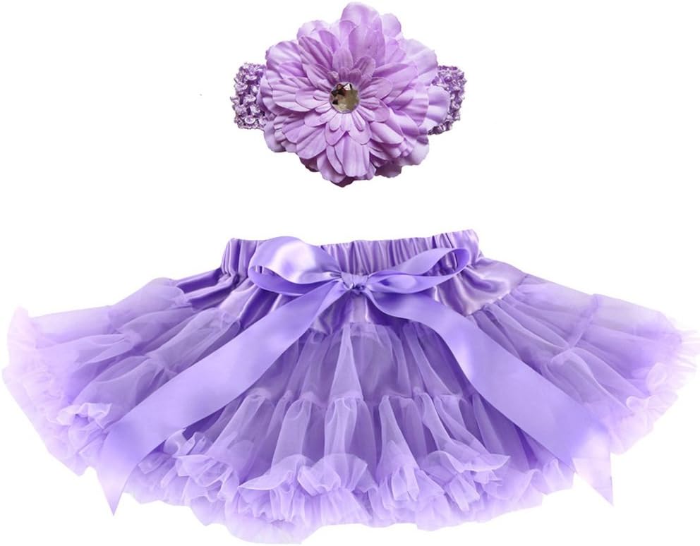 Wennikids Girl's Tutu Chiffon Petticoat Pettiskirt Set with Flower Hair Band Small Lavender