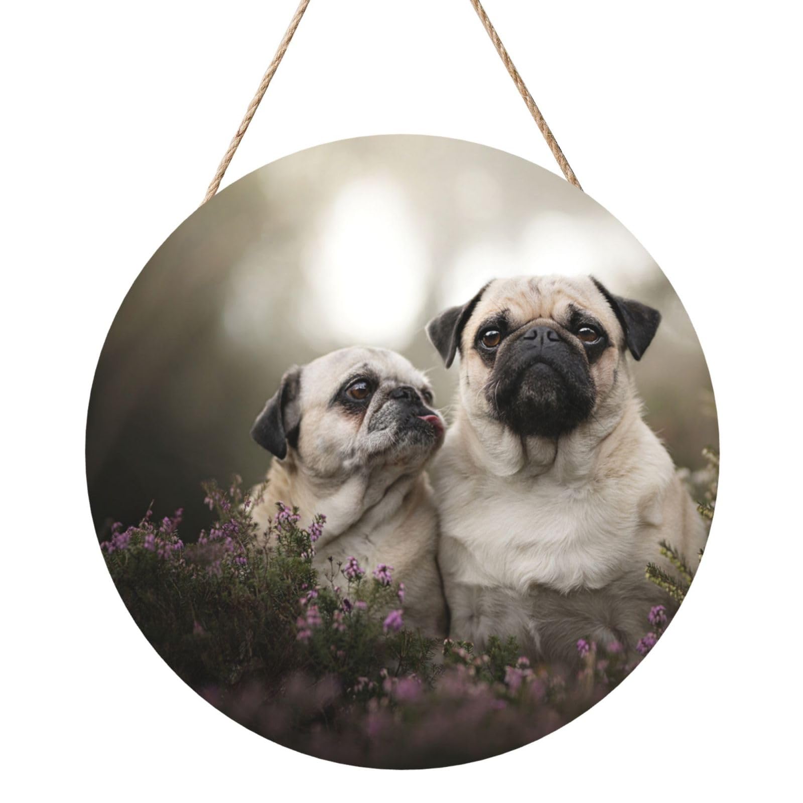 InOmak Pug Dogs Family Bokeh Mother And Cub Dogs Pets, Round Wood Panel Painting 12 in, Wall Hanging Painting For Home