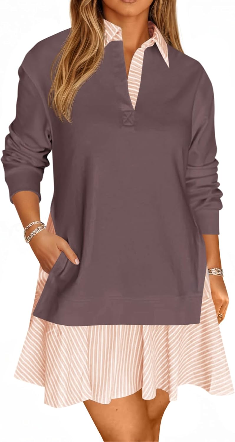 Wenrine Womens Oversized Sweatshirt Dress Casual Long Sleeve Collared V Neck Patchwork Loose Mini Dresses