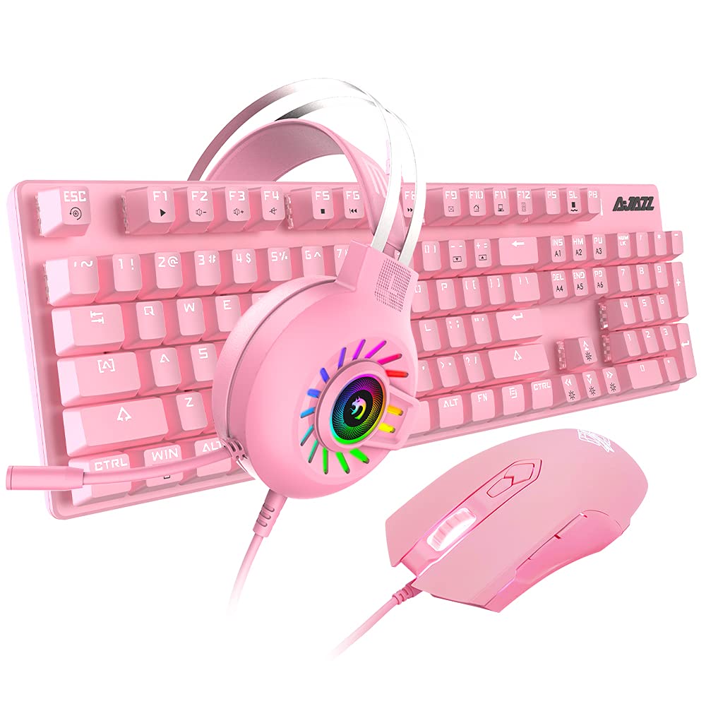 FELICON Pink Mechanical Keyboard Mouse and Handset Combo with Mouse Pad, Full Anti-ghosting Wired Gaming Keyboard, Lightweight Gamer Mouse, Professionals RGB Over Headphone for PC, Laptop,Mac