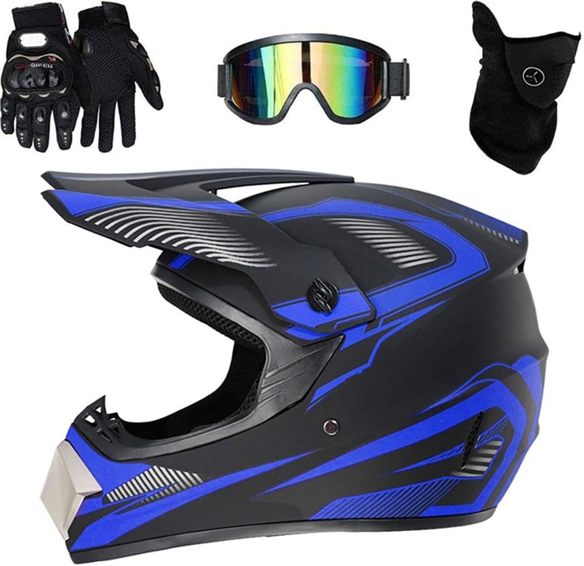 Motocross Helmet, Adult Youth Kid Full-Face Off Road Motorcycle Crash Helmet, Dirt Bike MTB BMX Downhill Mountain Bike Motorbike Helmet with Goggles Gloves Face Shield(Color:Blue,Size:XL(58~59cm))