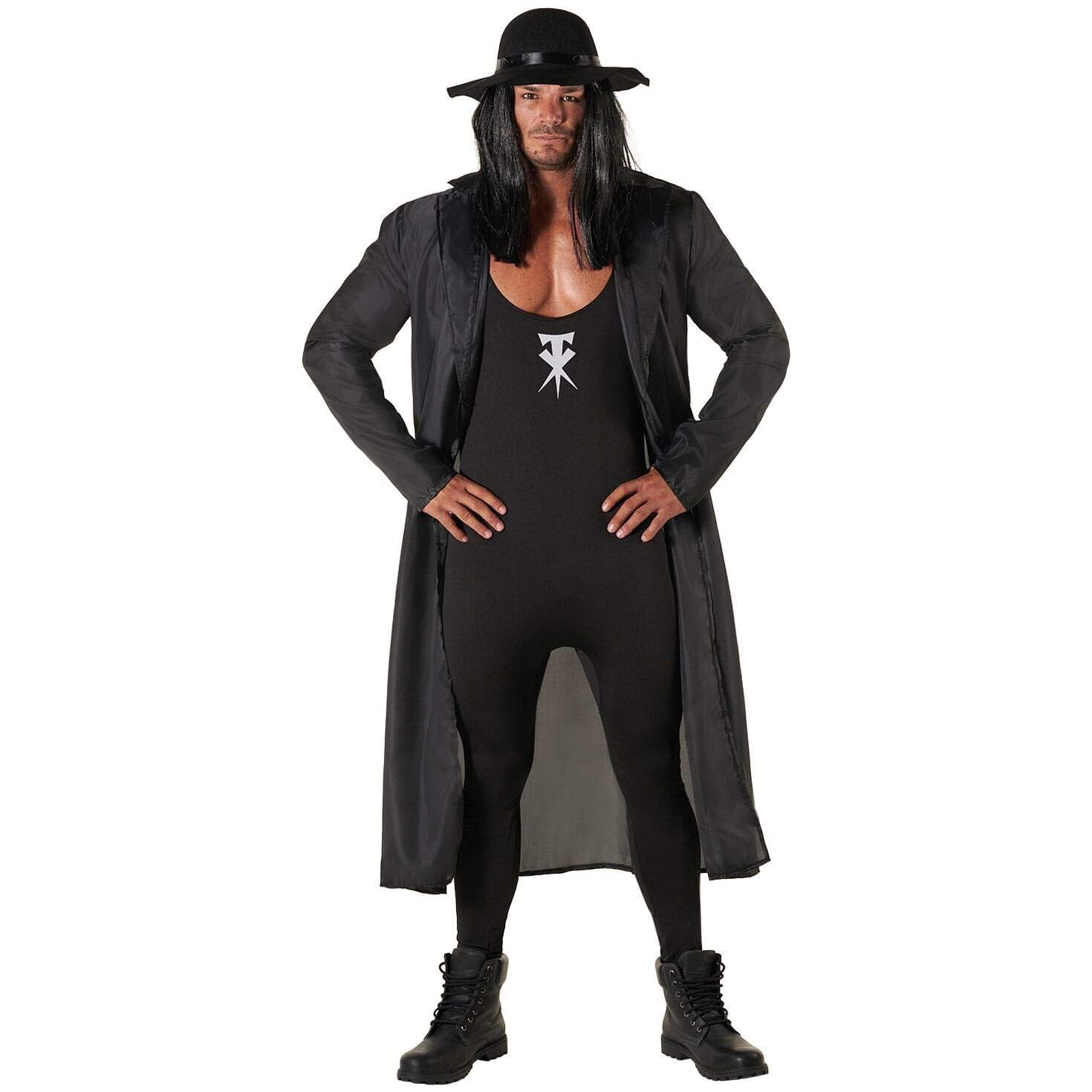 Morph Disfraz WWE Undertaker Enterrador Hombre Lucha Libre Mono Negro Capa Sombrero Despedida Soltero Halloween