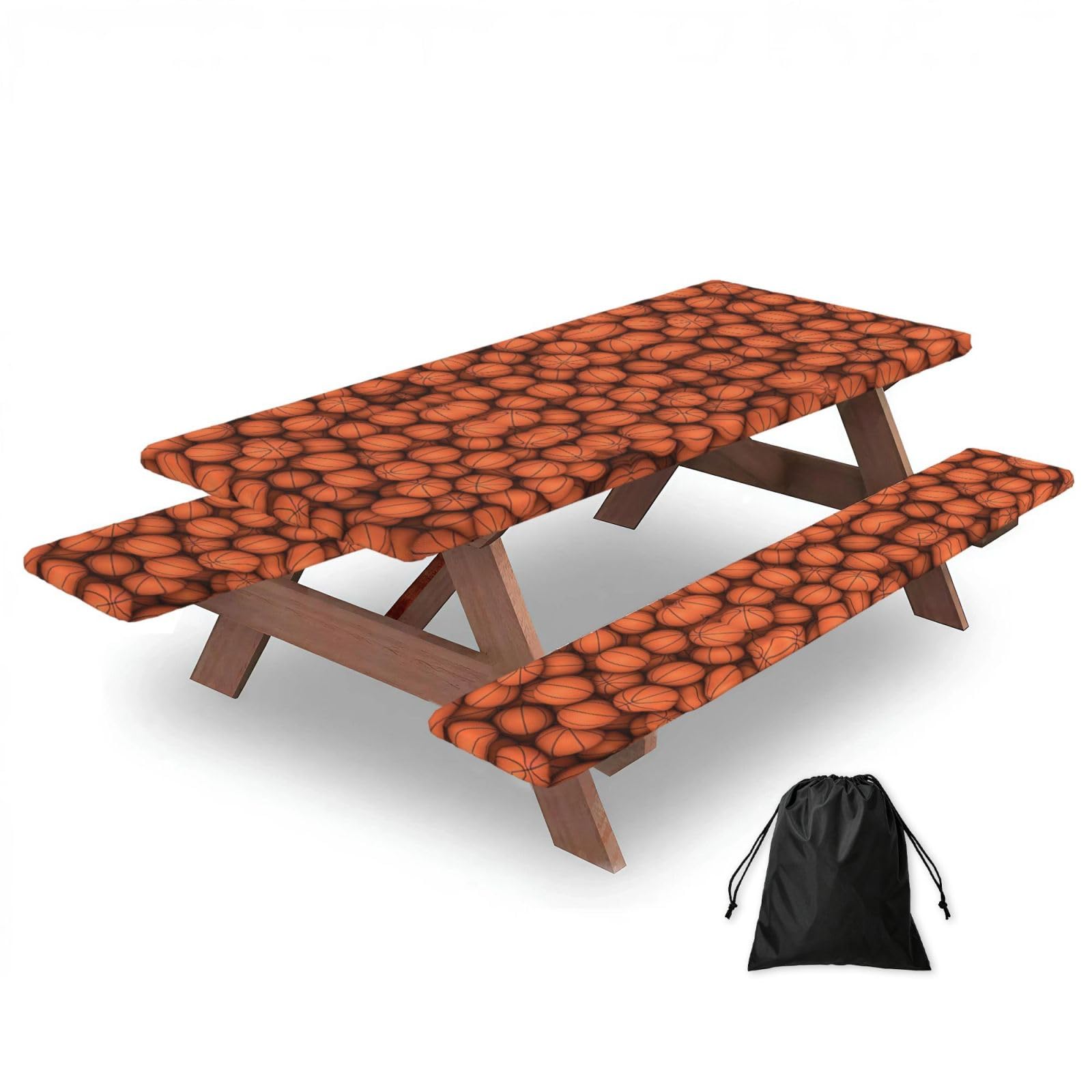 Zyjhyy Black Basketball Orange Print Party Table Covers With Bench Covers Set Of 3 Picnic Table Cloth Wipe Clean For Garden Camping