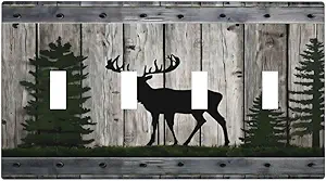 Decorative Light Switch Cover Plate Rustic Deer Elk Forest Grey Wood Board 4 Gang Wall Plate Oversized Quad Toggle Switch Cover Plate Jumbo Faceplate for Farmhouse Decor