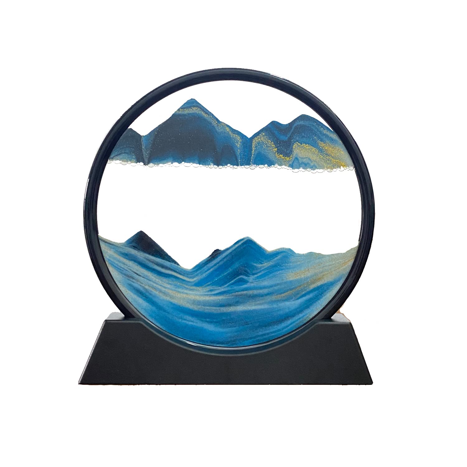 3D Dynamic Sand Art Liquid Motion, Moving Sand Art Picture Round Glass 3D Deep Sea Sandscape in Motion Display Flowing Sand Frame Relaxing Desktop Home Office Work Decor (12β, Blue)