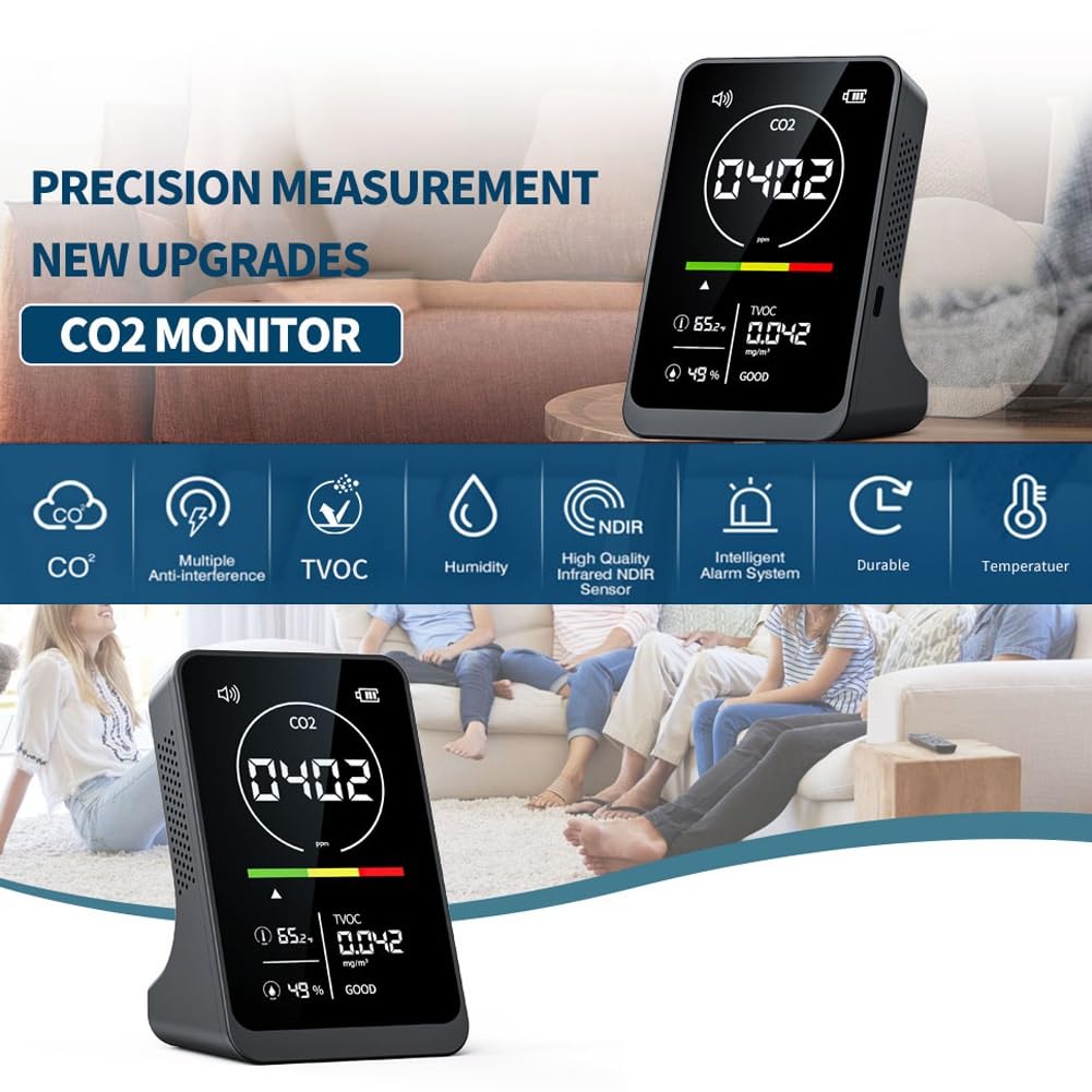 Detector de Gas, Medidor de Calidad del Aire 4 en 1, medidor de CO2, probador TVOC, Sensor Detector de Temperatura y Humedad portátil