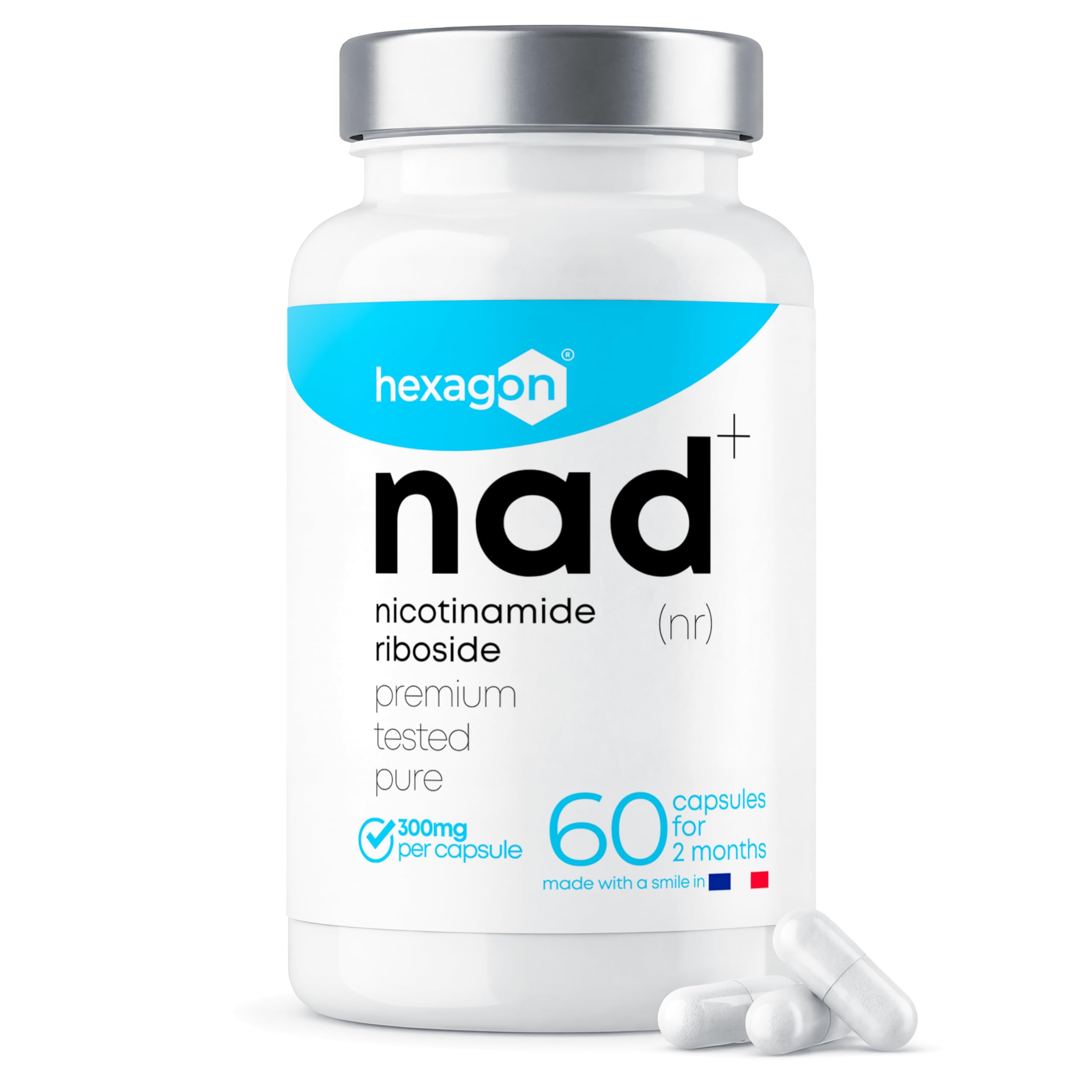 NAD+ Nicotinamide Riboside Cloruro 300mg - +2 Mesi di Cura - Booster NAD - Anti-Età e Anti-Fatica - Made in France - 60 capsule vegetali - Vegan - Hexagon
