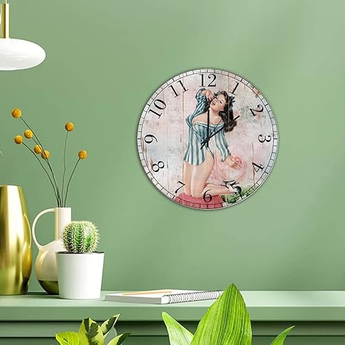 Miniatura 5 de Pin Up - Reloj de madera para niñas, silencioso, funciona con pilas, 12 pulgadas, estilo retro, de madera, con números arábigos, para el hogar,
