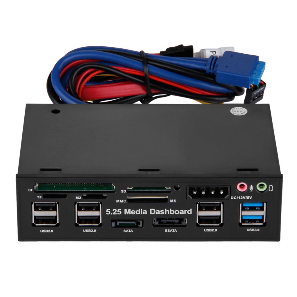 Ubervia Multifuntion 5.25" Media Dashboard Card Reader USB 2.0 USB 3.0 20 Pin e-SATA SATA Front Panel | Pack of 1-image-48