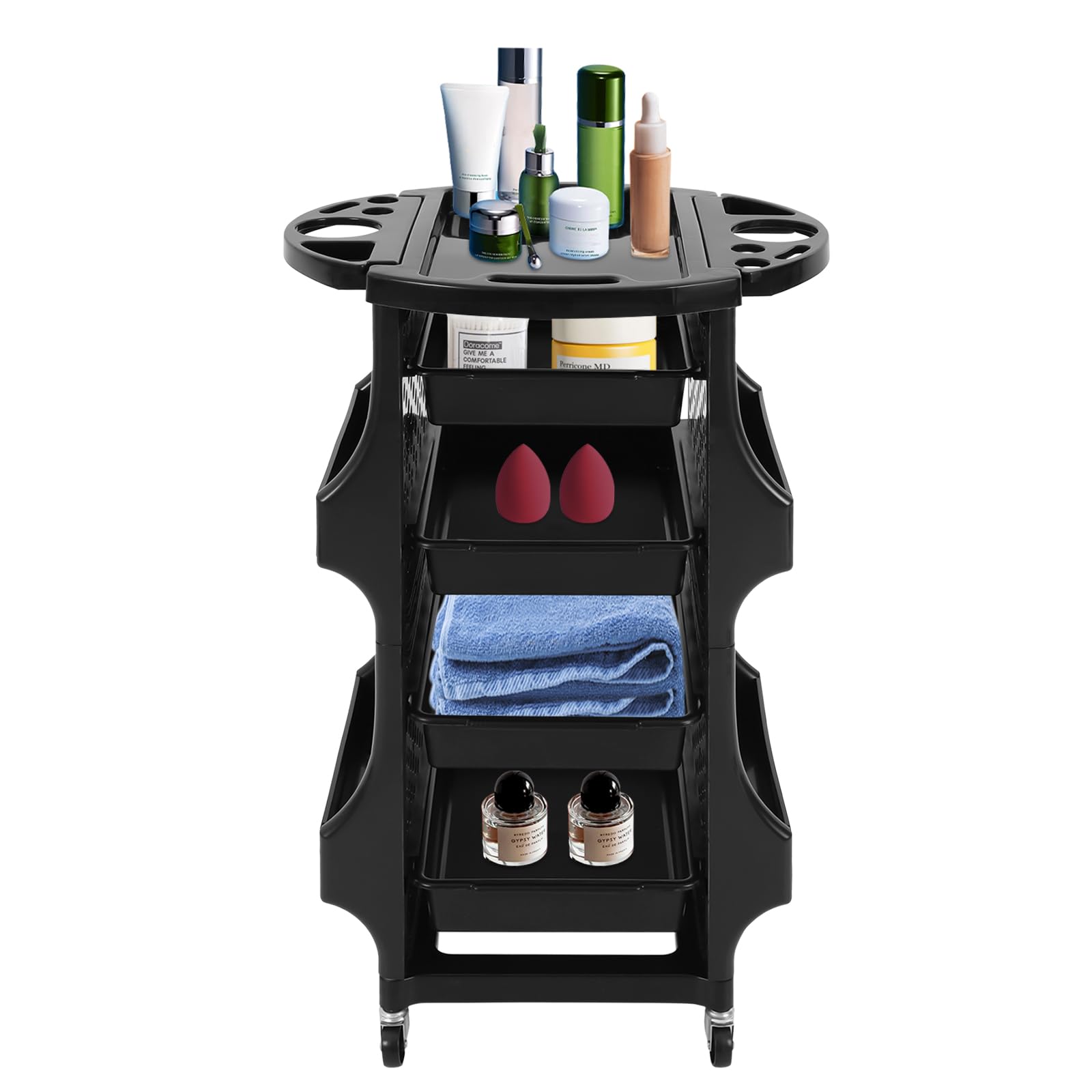 Hairdressing Trolley 5 niveles Organizador Armario Auxiliar Carrito de Peluquería | Ruedas silenciosas giratorias de 360 grados, 4 cajones, para peluquería, estilistas, peluquería, spa negro