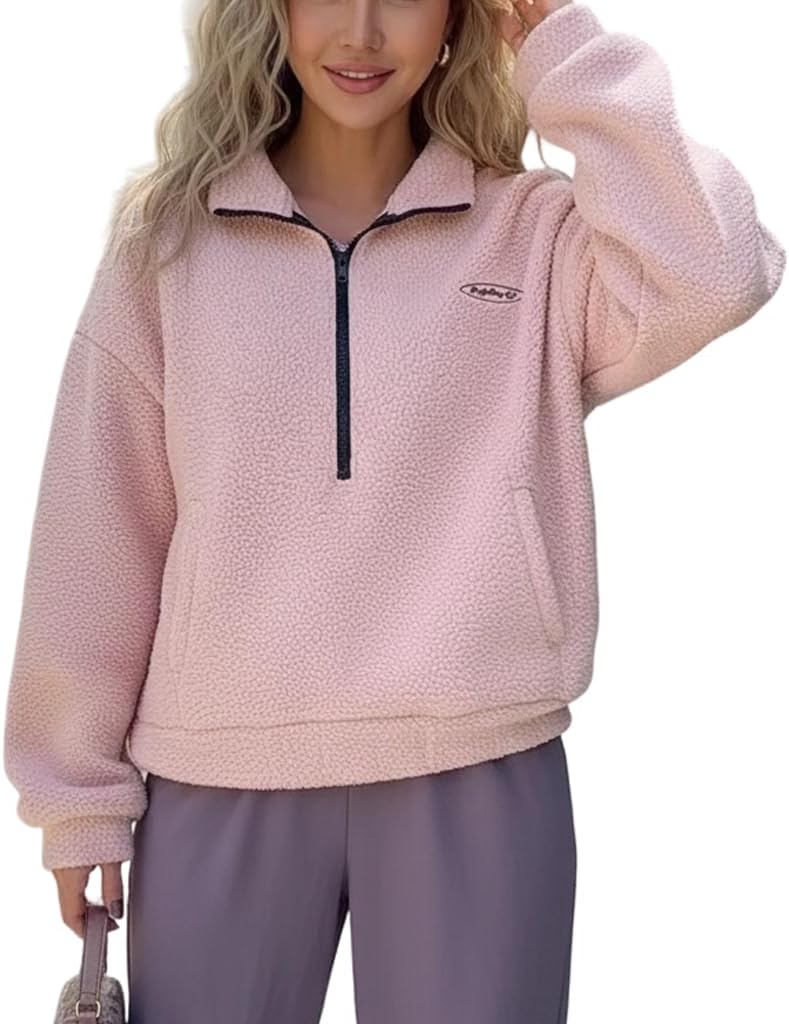 Women's Sherpa Half-Zip Pullover Tops Long Sleeve Mock Neck Winter Warm Fuzzy Fleece Sweatshirt