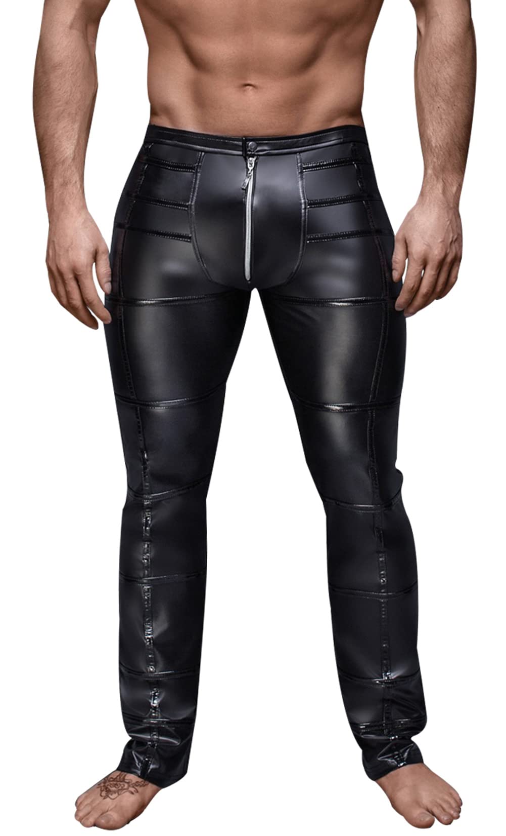 Buy Leather Pants Men Black Shiny Zipper Crotch Pants Wet Look Catsuit