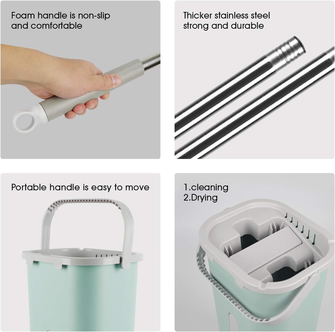 VAIIGO Flat Floor Mop and Bucket Set with 10 Reusable Microfiber Mop Pads and Extended Handle, Squeeze Hand Free Hardwood Floor Clean Mop Bucket Wet and Dry Use for Office/Home/Kitchen Floors Cleaning