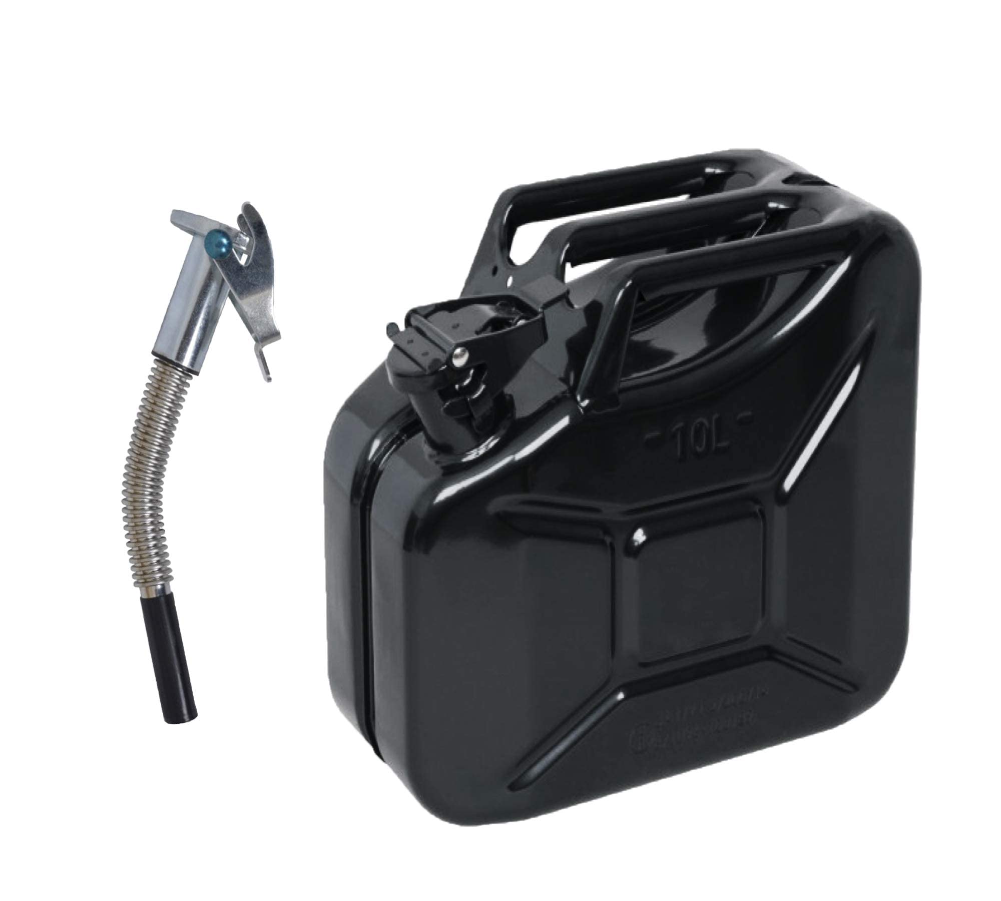 10lt BLACK Metal Jerry Gerry Can + Flexi Spout - Fuel Storage Container Petrol Diesel 10L **10L Black + Flexi Spout**