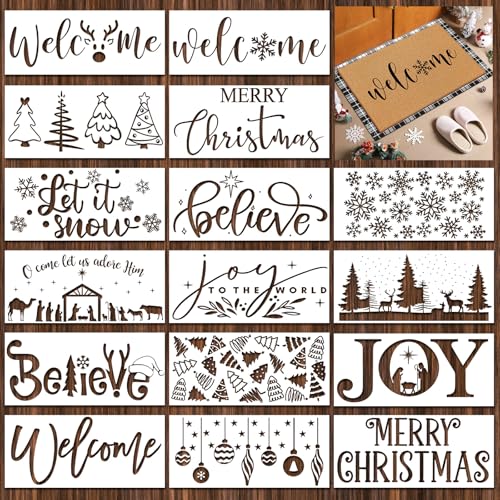 Dunzy 16 Pcs Christmas Stencils for Door Mats Crafts Reusable Merry Christmas Welcome Templates Large Stencil for Painting on Wood Sign Wall Doormat DIY Project