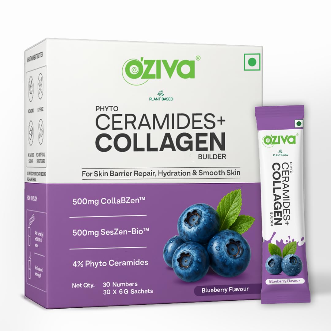 OZiva Phyto Ceramides+ Collagen Builder | For Mositure Retention, Barrier Repair & Hydration Boost | With Suran Extracts, CollabZen & SesZen-Bio | Blueberry Flavour | 30 Sachets