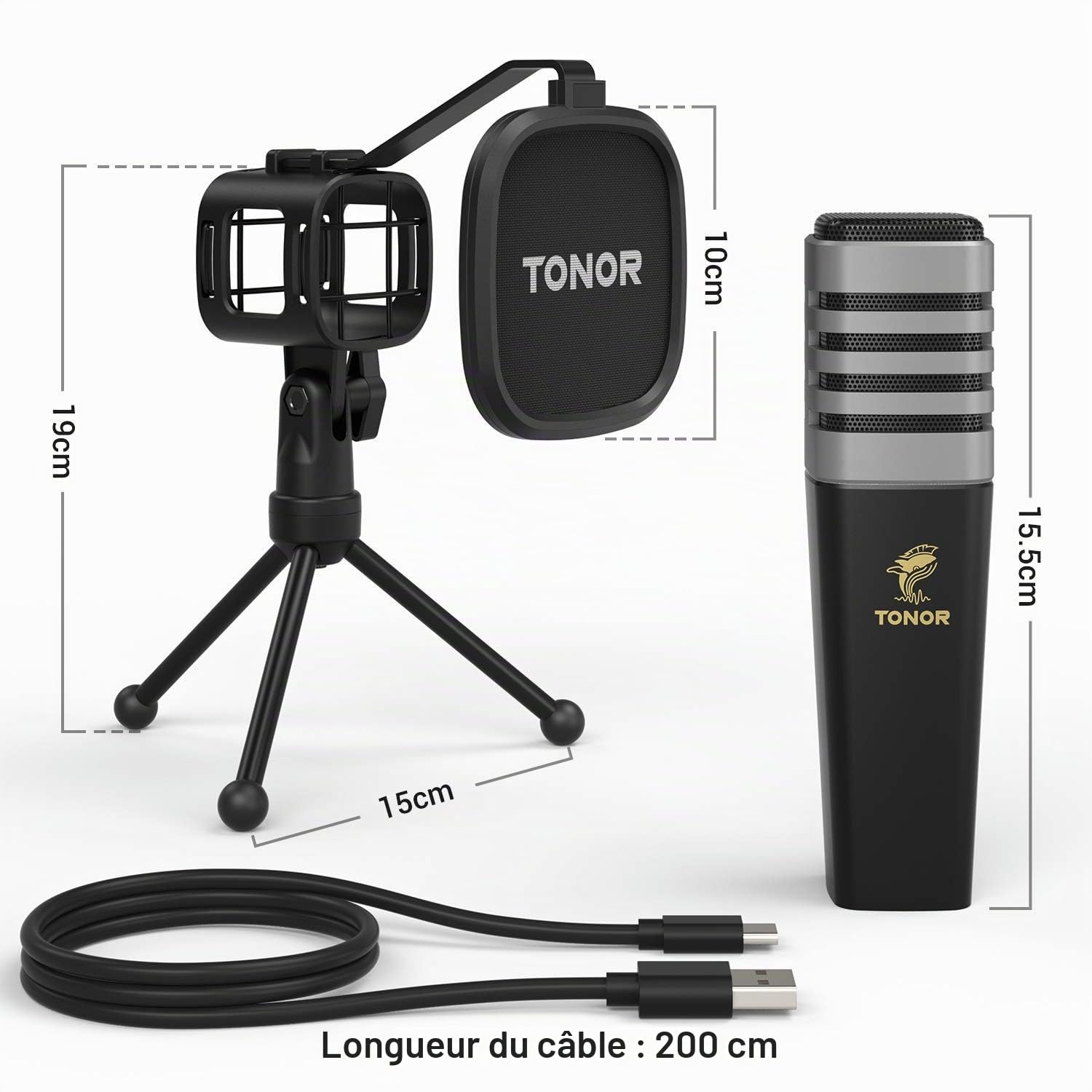 TONOR Micro PC, USB Microphone Condensateur Professionnel pour Gaming Streaming Podcast Studio Enregistrement Singing Youtube Gamer Chant Voix-Off,pour Ordinateur de Bureau et Laptop, 200 cm, TC30
