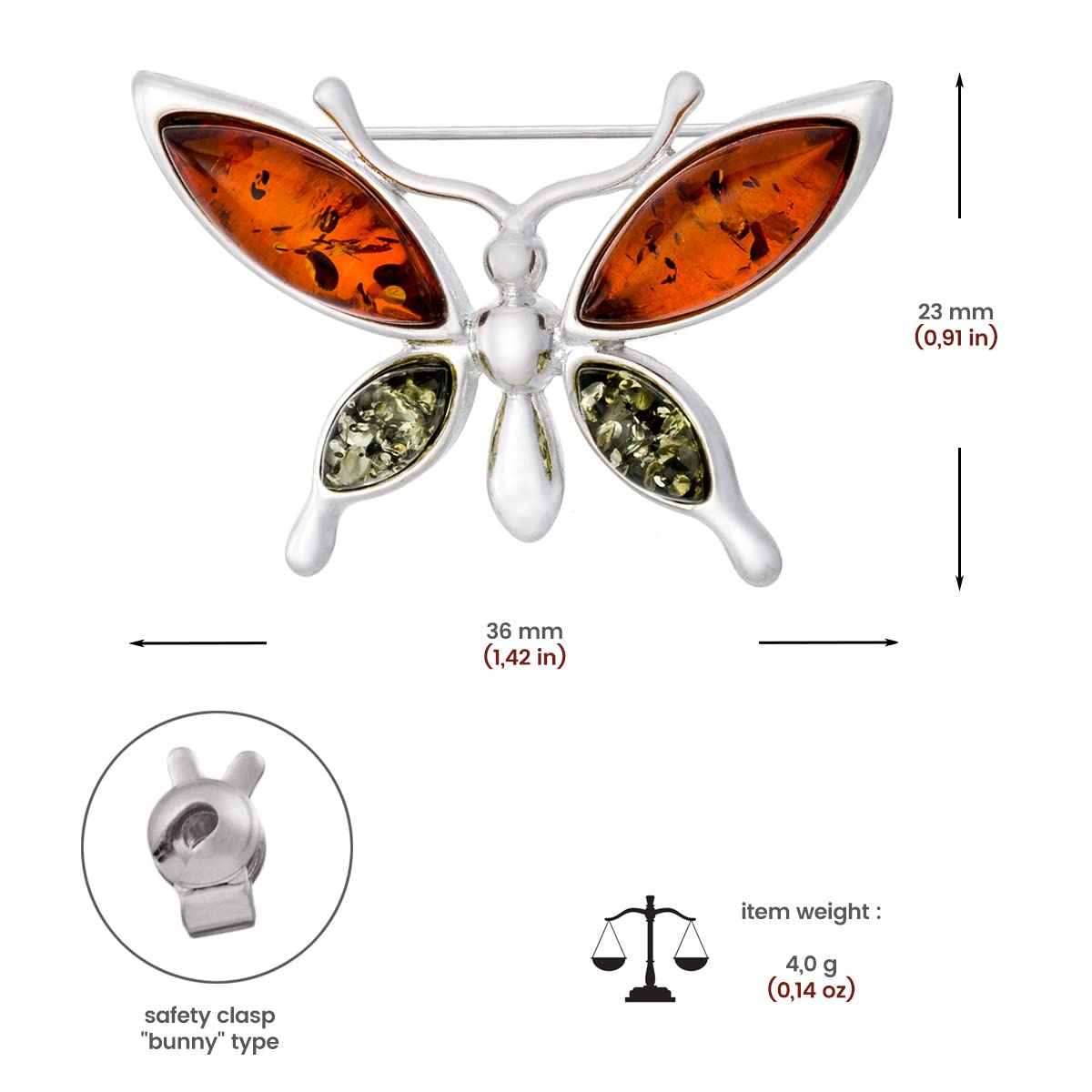Damen Silber Schmetterling Brosche mit Bernstein, Poliertes Sterling Silber, Baltischer Bernstein in Zwei Farben