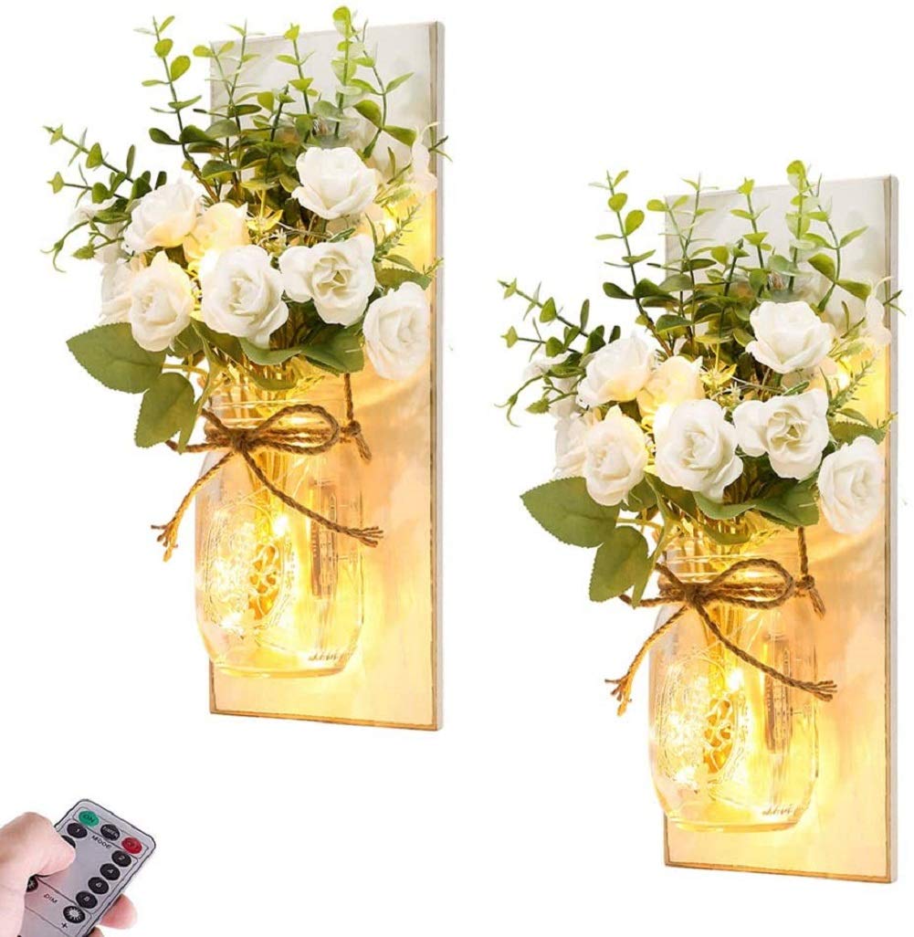 2 Pack Mason Jar Sconces for Wall Decor with LED Fairy Lights,Handmade Hanging Mason Jars for Farmhouse Kitchen Living Room House Decorations Lights（Remote Control） (A)