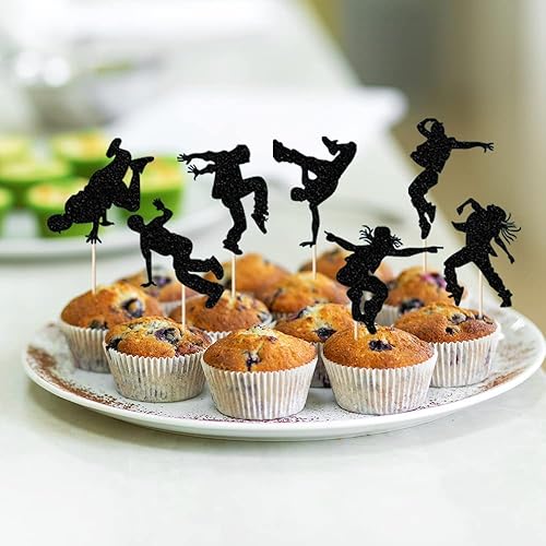 Miniatura 7 de Juego de 12 piezas para cupcakes de baile de hip-hop, con purpurina negra, para bailarina, cupcakes, hip hop, hurra, cupcakes, decoraciones para