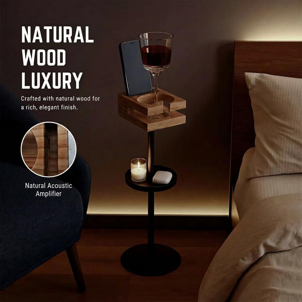 Drink Table for Small Spaces - Slim Pedestal Side Table with Real Wood Top & Stable Base for Coffee & Cocktails - Ideal for Tight Living Room & Bedroom Spaces (Walnut)