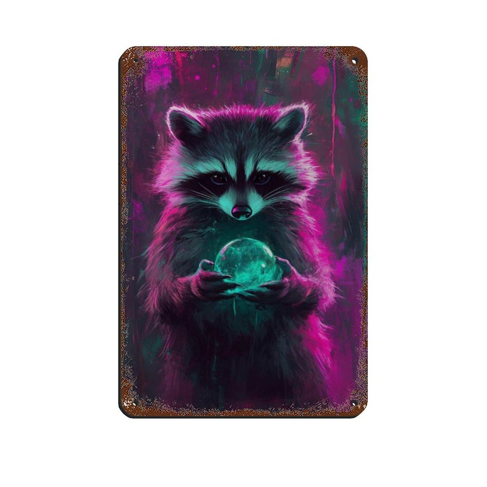 Lxwnze 20L X 30W Cm Vivid Raccoon, Vibrant Neon Animal Artwork Tin Sign Vintage Metal Pub Club Cafe Bar Home Wall Art Decoration Poster Retro 8X12inch(20X30cm)