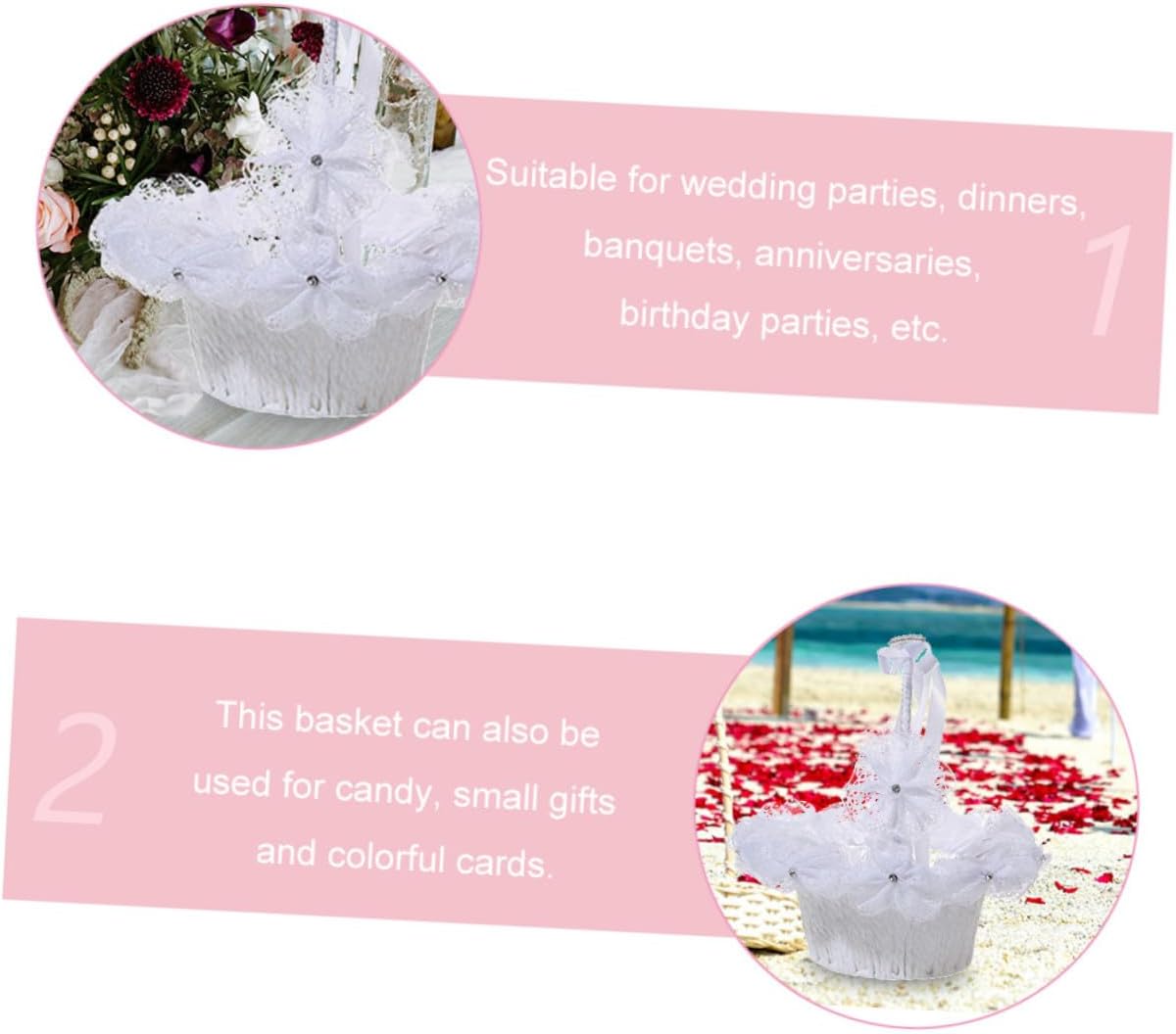 Delicate Wedding Flower Basket with Pearl and Rhinestone Bow Handheld White Flower Girl Basket for Wedding Ceremony for Bridal Party Supplies