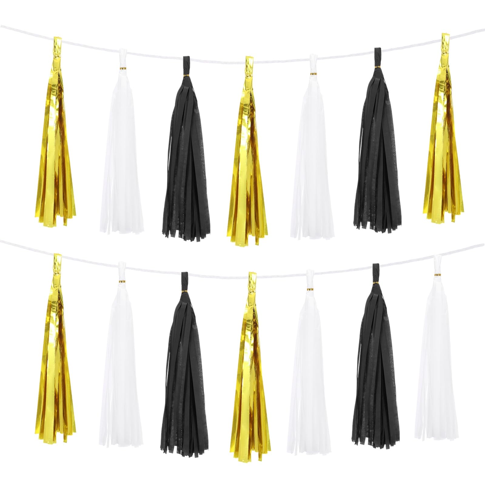 sourcing map 15Pcs Tassel Garland Tissue Paper Tassels Banner Foil Fringe Streamers for Party Decorations Wedding Birthday DIY Kit, White Black Gold