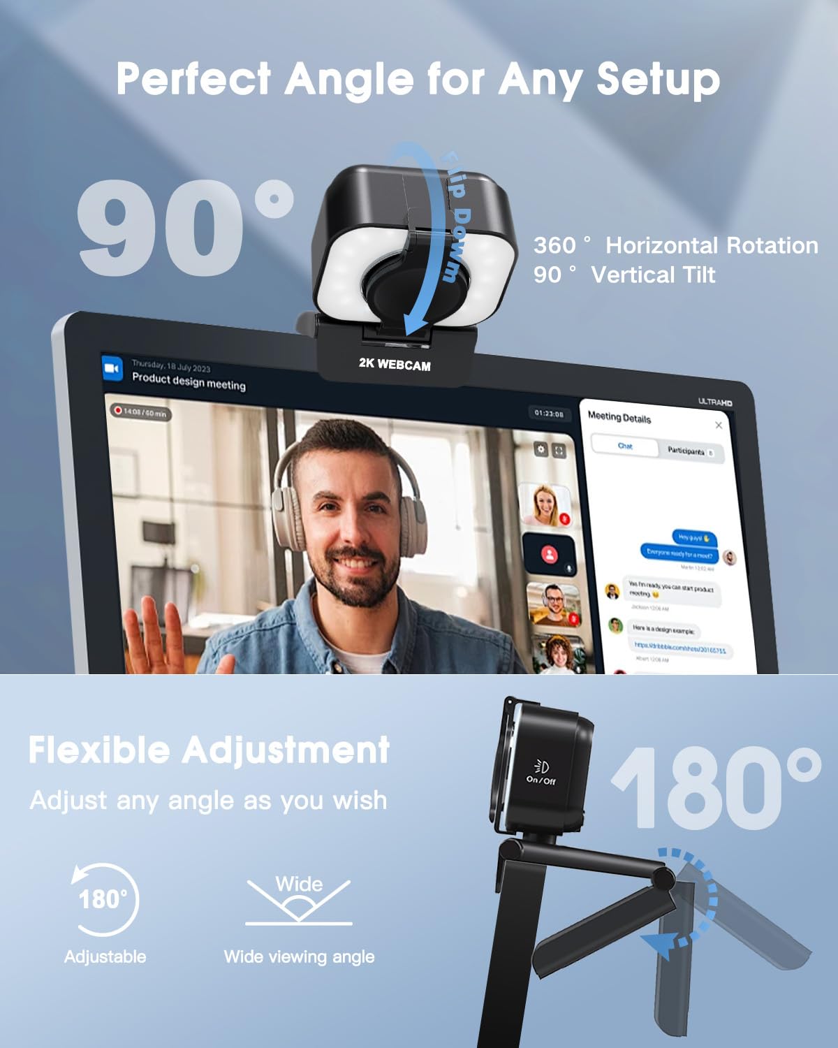 MELCAM Webcam 2K per PC, webcam con microfono, luce, copertura privacy, messa a fuoco automatica Plug and Play, fotocamera USB per computer portatile, desktop, PC, Mac, Zoom, Skype, riunioni