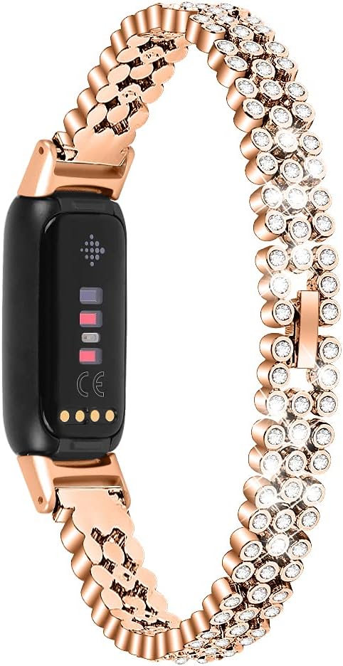 Replacement Straps Compatible with Fitbit Luxe Strap, Chofit Metal Stainless Steel Wristband With Rhinestones Bling Bling Band for Luxe Activity Tracker (Rose Gold)