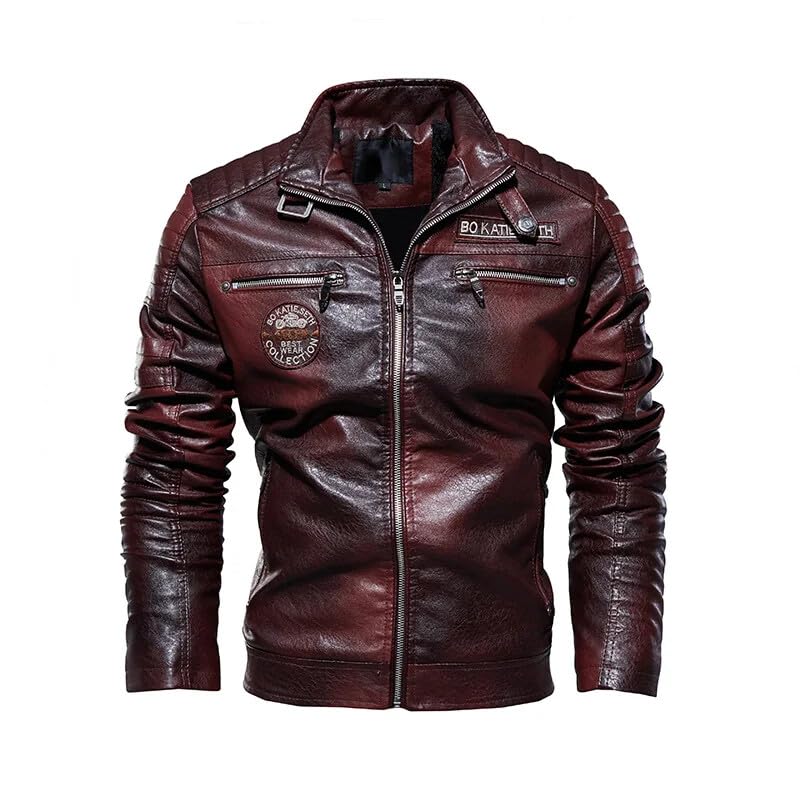 Manteau de motard pour homme coupe ajustée en cuir synthétique marron