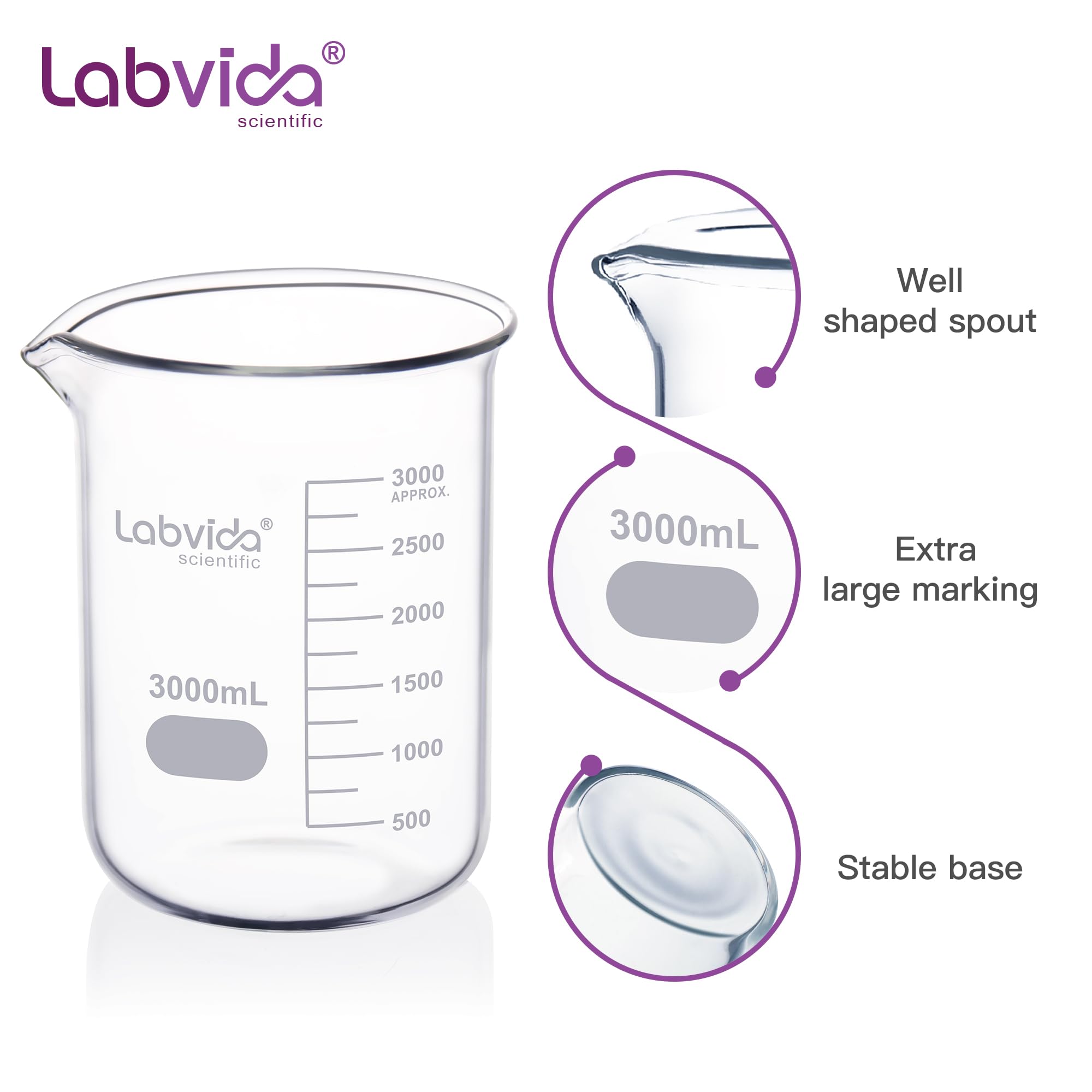 Vaso de vidrio, Vol. 3000 ml, 3.3 Borosilicate Griffin de baja forma con graduación impresa, LVA022