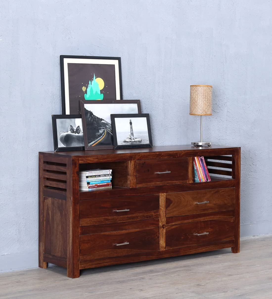 Wood World Furniture Side Board Cabinet for Living Room | Storage Cabinet for Dining Room | Wooden Cabinet with Drawers | Wood Chest of Drawer for Living Room (Solid Wood, Teak Finish, 55×17×30 Inch)-image-31