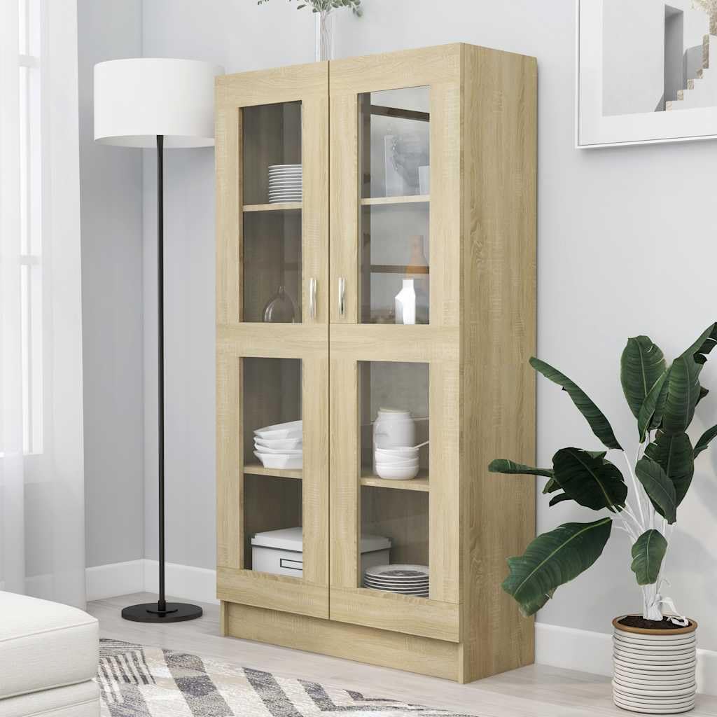 Szafka z witryną dąb Sonoma 82,5 x 30,5 x 150 cm, materiał drewnopochodny z 4 półkami i 2 drzwiami, idealna do salonu, gabinetu, korytarza, biblioteki, schowka, ściany regału, półki ściennej