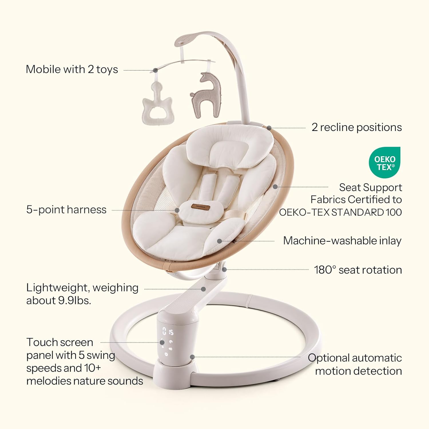 HARPPA Electric Baby Swings for Infants and Newborns, Baby Swing 5 Speeds and Remote Control 10 Built-in Melodies, 2 Seat Positions & 180° Rotation for Indoor Use, Beige