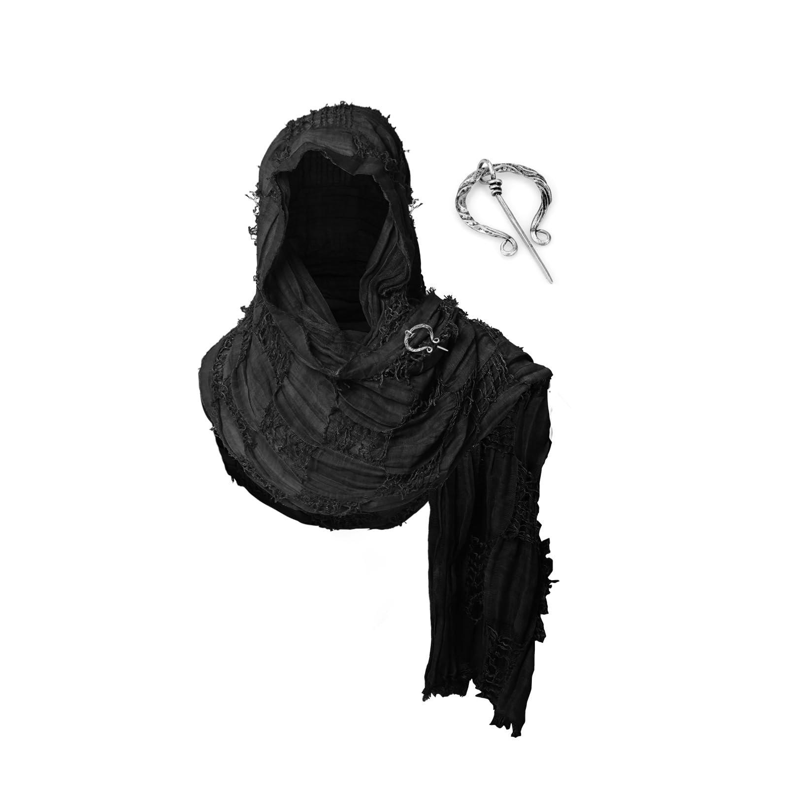 FSUJWOA Medieval Scarf Wrap Cape, Shoulder Scarf Long Scarf with Brooch, Renaissance Hooded Shaw, Shaman Hood (Black)