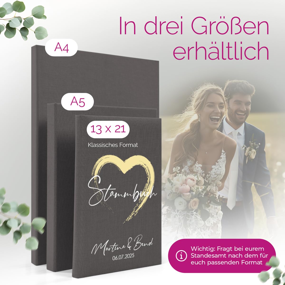Hochzeitideal Stammbuch zur Hochzeit – A4 in Grau– 'Ally' Nr. 82 – personalisierbares Familienstammbuch & Erinnerungsbuch mit 4-Fach Ringmechanik, handgefertigt in Deutschland