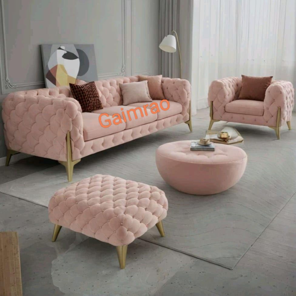 Image of Classic 3+1= 4 Seater with Footrest Seater Sofa Set Luxury Chesterfield Modern Fahionalable Sleeper Sofa for Living Room, Dining Room, (Light Pink F)